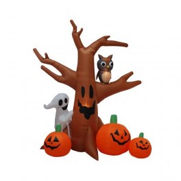 8 Foot Tree with Owl, Ghost and Pumpkins