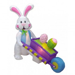 4 Foot Long Inflatable Easter Bunny Pushing Wheelbarrow with Eggs
